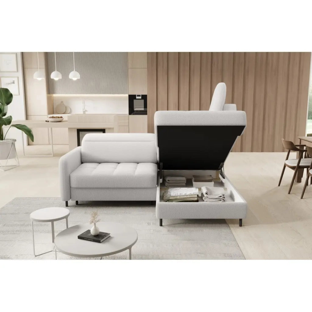 Divano ad angolo destro convertibile BARNEA 208 cm bianco chenille con contenitore