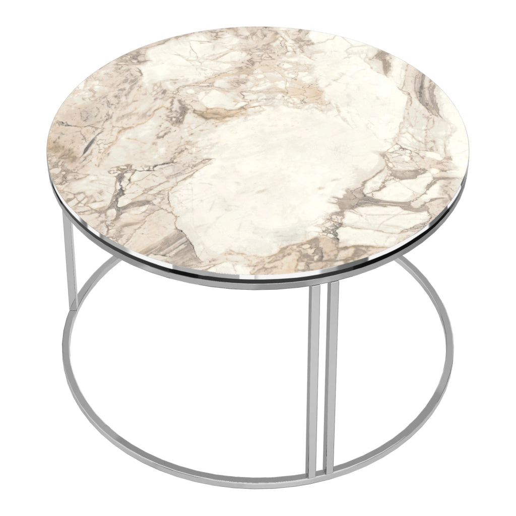 Tavolino Basso da Caffè 'Aulum' Piano Rotondo - Effetto Marmo Bianco / Argentato [en.casa]