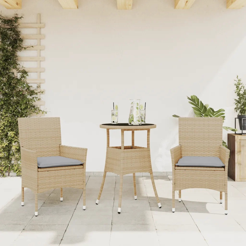 Set da Pranzo da Giardino 3 pz | Set Salotto da Giardino con Cuscini Polyrattan e Vetro