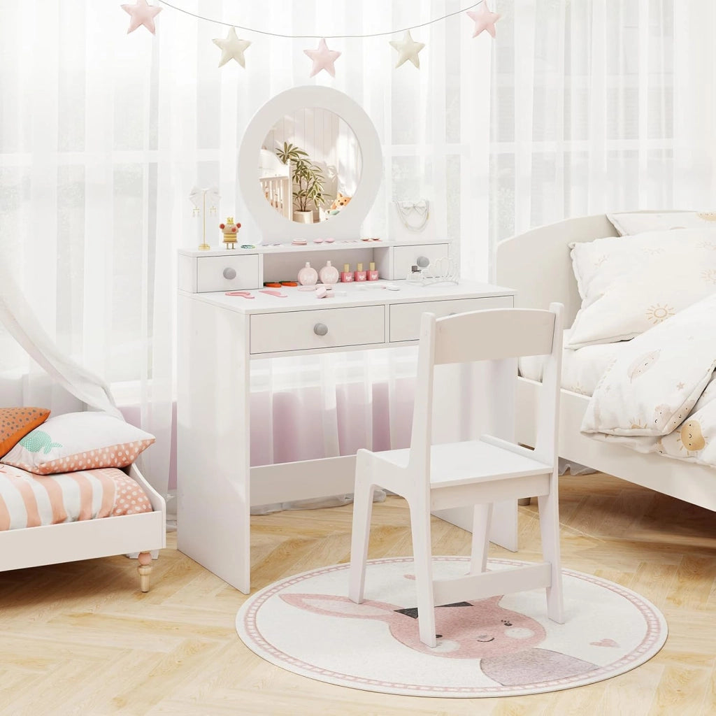Set Toeletta Trucco per Bambina con Sedia a Schienane, Tavolo Trucco con Specchio Acrilico Rotondo, Postazione Trucco con 2 Cassetti Grandi e 2 Piccoli, per Bambine 3+ Anni, Bianco