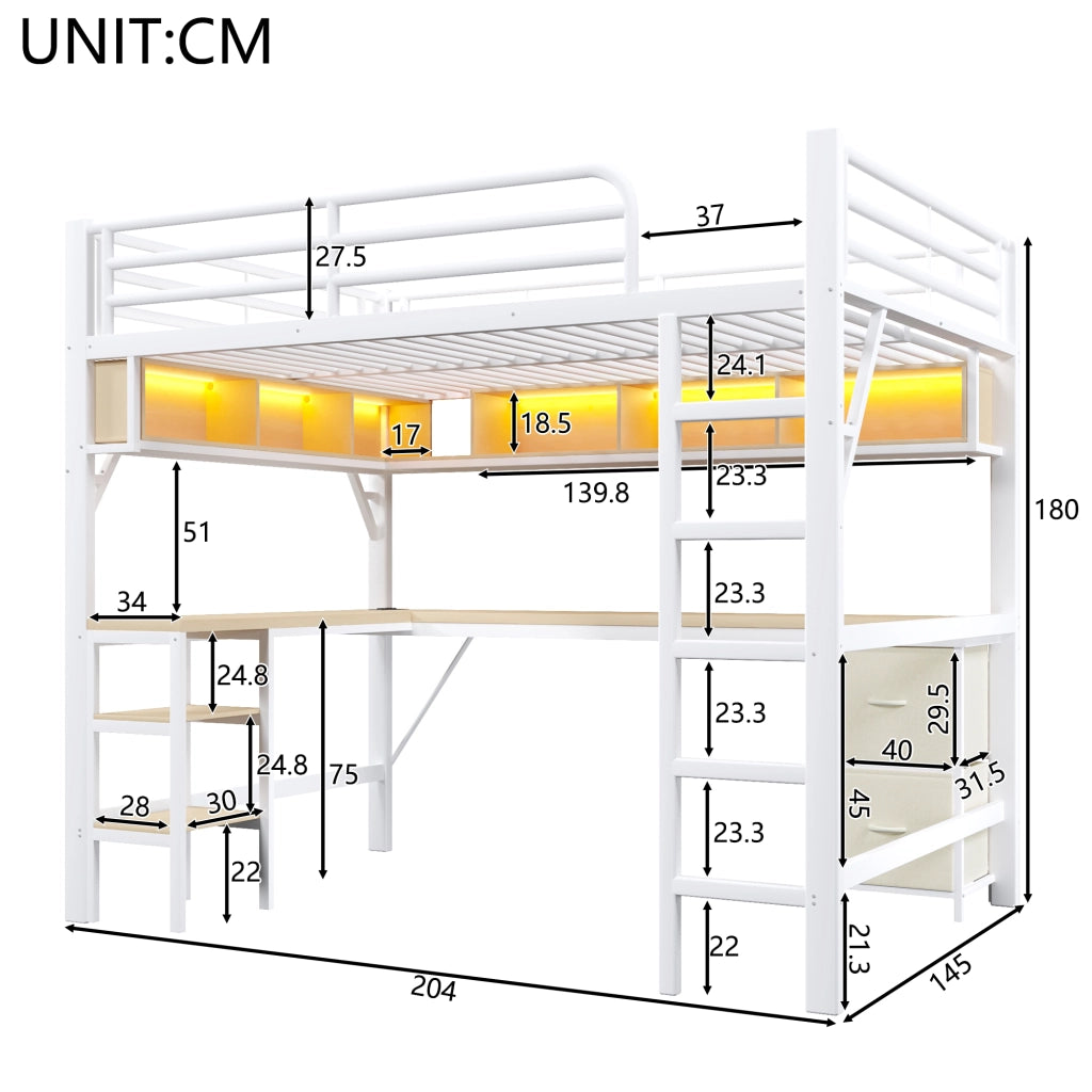 Letto a Soppalco Singolo 140x200 cm; con Scrivania; Libreria; LED; USB; Bianco