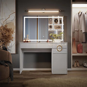 Tavolo da toeletta Adela, Bianco, 115 cm con specchio a LED, Funziona anche come postazione di lavoro elegante