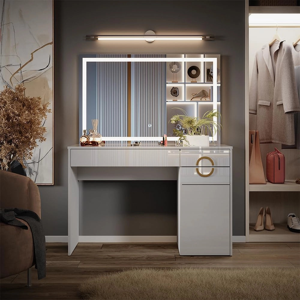 Tavolo da toeletta Adela, Bianco, 115 cm con specchio a LED, Funziona anche come postazione di lavoro elegante