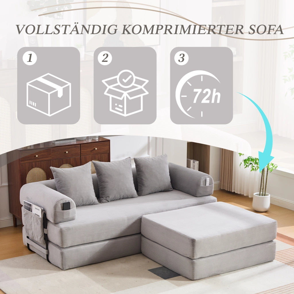 SOFA MODULARE in corduroy 200x190x67 cm Grigio Chiaro con 3 cuscini e poggiapiedi