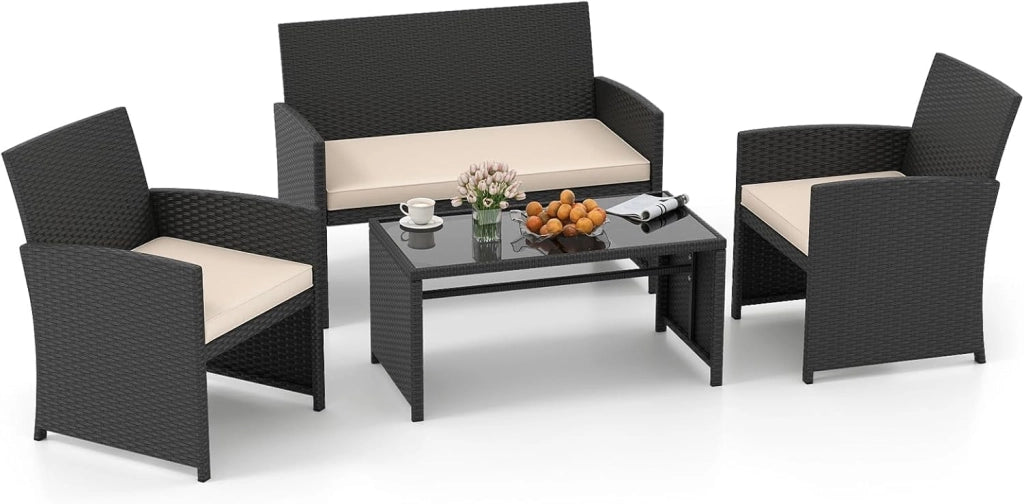 Set Mobili da Giardino in Rattan PE, Divano a 2 Posti e 2 Poltrone con Cuscini Comfort, Tavolino con Piano in Vetro, Arredo da Esterno per 4 Persone per Patio, Balcone, Cortile (Grigio+Bianco)