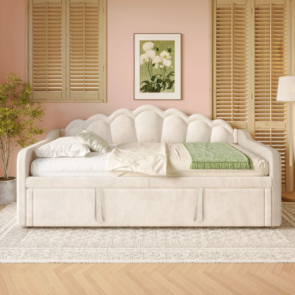 Letto estraibile divano 90 × 200 cm et 180 × 200 cm con LED regolabile, senza materasso, in velluto beige