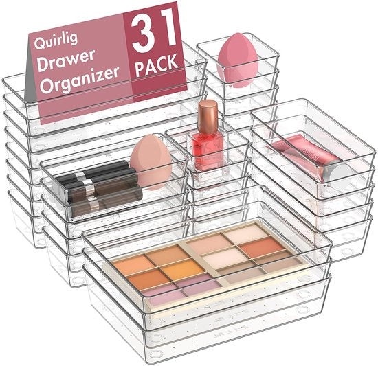 Organizzatore di cassetto trasparente 31 posizioni, facile e funzionale, sistema di organizzazione di cassetti per scrivania, ufficio, cucina, trucco