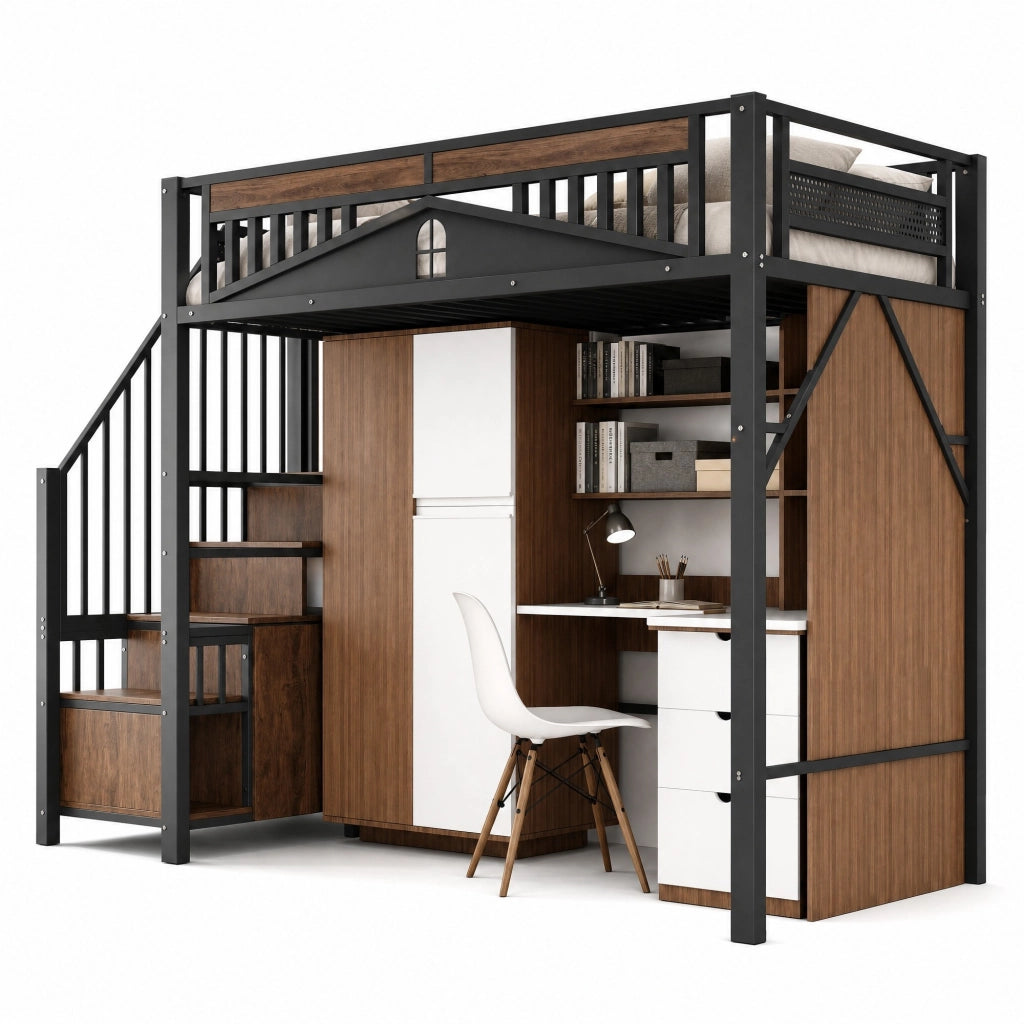 Letto a soppalco 90x200 cm in metallo e legno con scala contenitore; armadietto e barriera nera