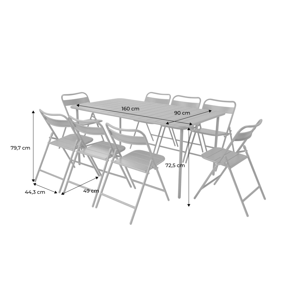 Set tavolo da giardino in acciaio con 8 sedie pieghevoli, 160cm,