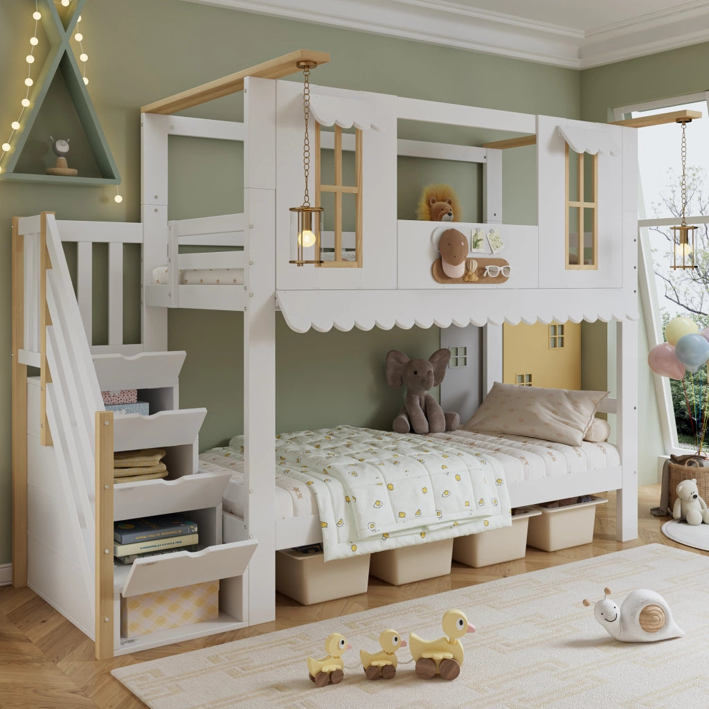 Letto a Castello 90x200 cm; con Scala Contenitore; Finestre e Tetto - Bianco Naturale