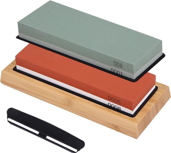 Affilatrice con Pietra Affilante 400/1000 - Pietre Affilanti Umide 3000/8000 - Pietra di Affilatura Corindone - Base di Bamboo Antiscivolo - Guida di Angolo