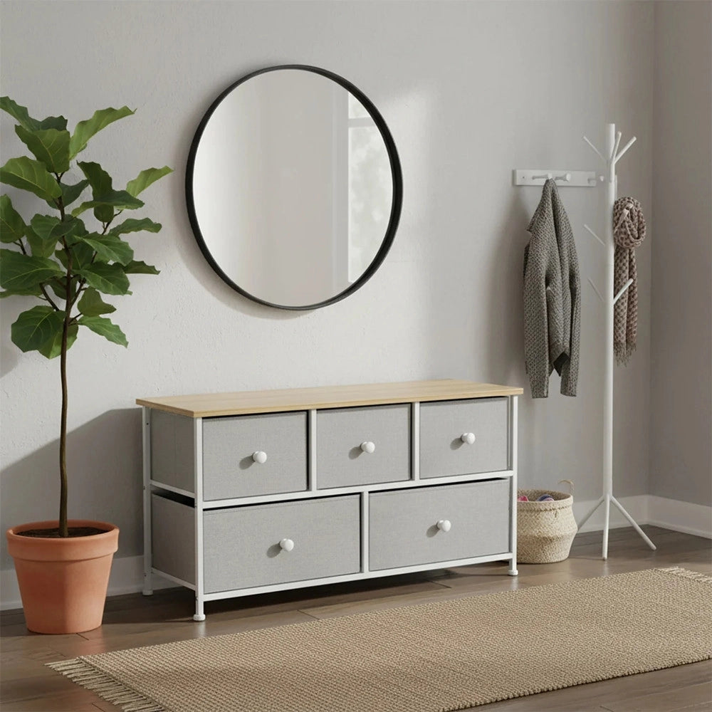 Trade Shop - Mobiletto Cassettiera Multiuso Salvaspazio 5 Cassetti In Metallo Legno Naturale Tnt Grigio -