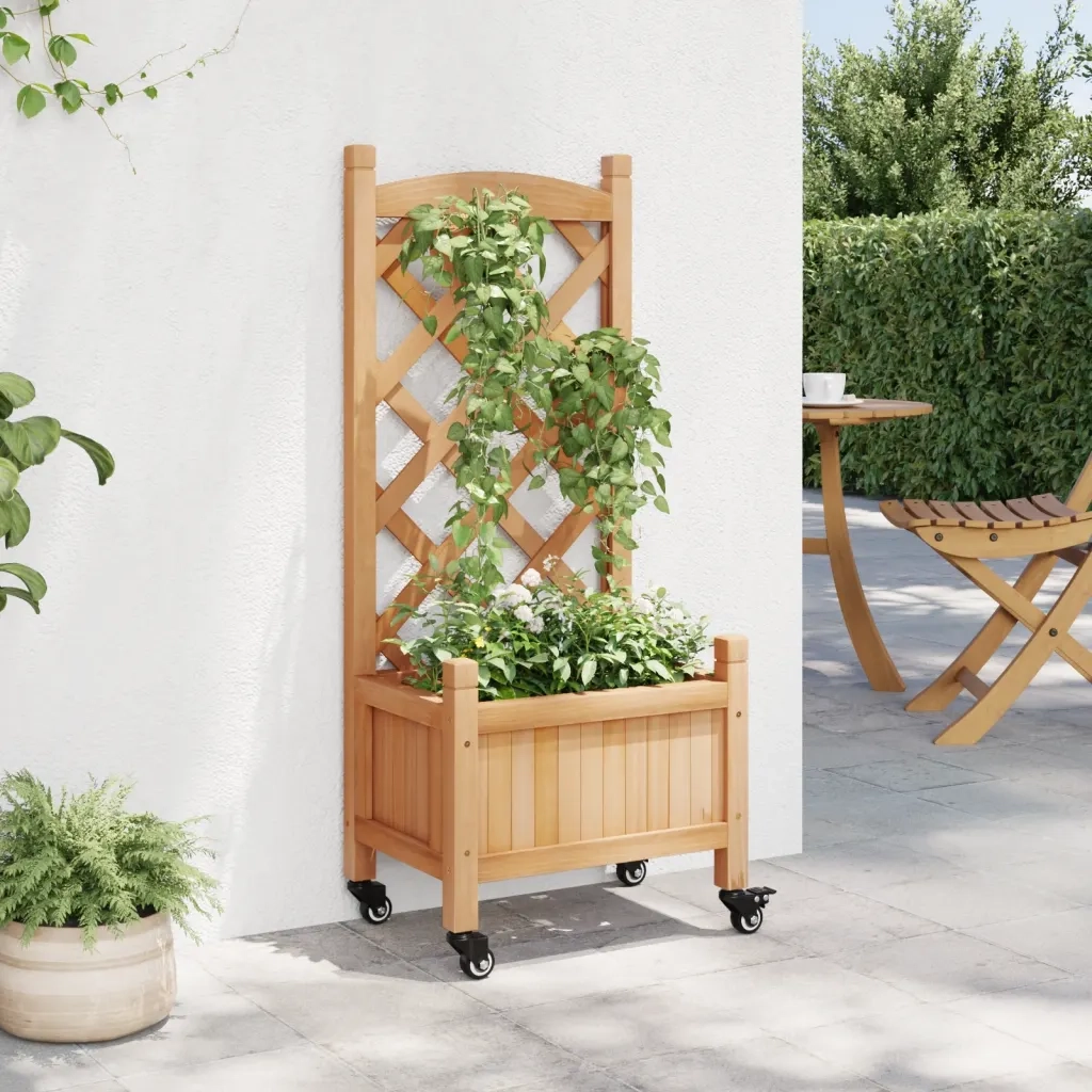 Fioriera | Cassetta per fiori | Vaso con Traliccio e Ruote Marrone Legno Massello di Abete