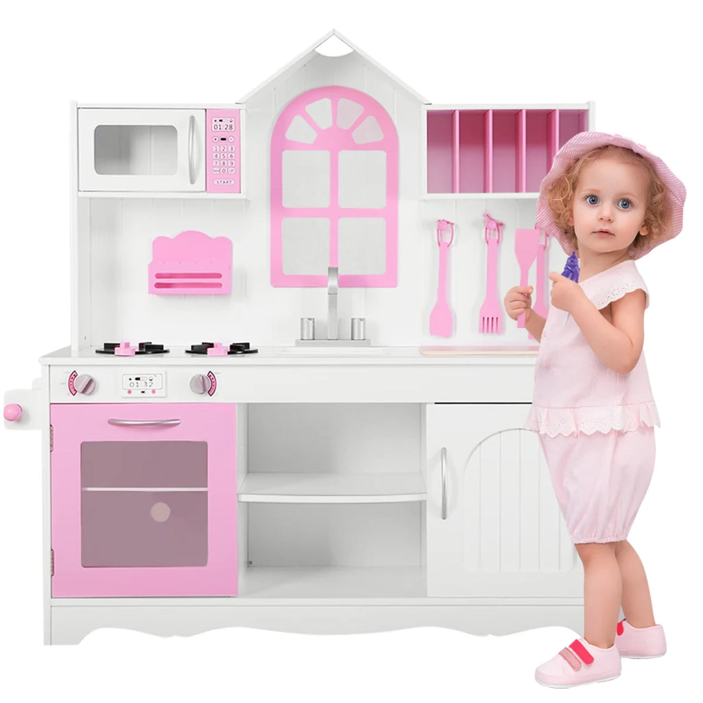 Cucina in legno per bambini set da 1 109 x 32 x 106 cm stimola l'immaginazione e la cooperazione rosa e bianco 20_0020787