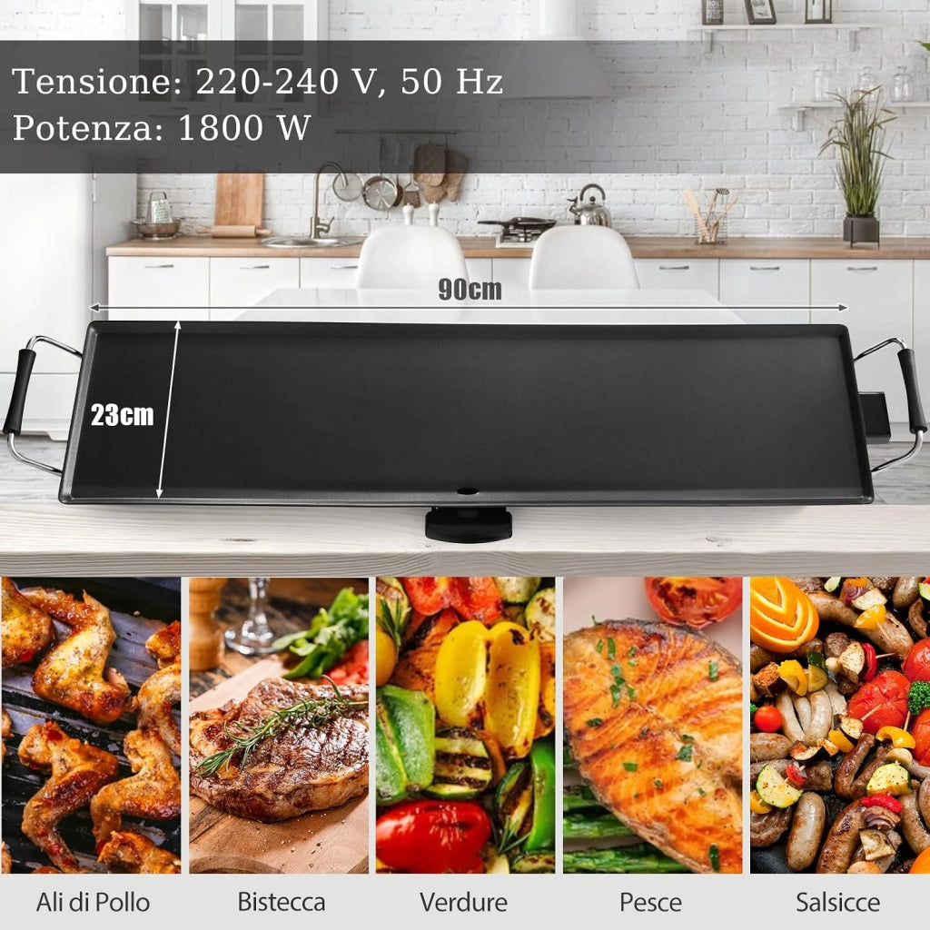 Piastra Elettrica 1800W, Barbecue Elettrico 5 Livelli di Temperatura, con Rivestimento Antiaderente, 6 Piccolo Supporto per Padella, per Cucinare, Grigliare (Piastra Liscia 90 X 23 CM)