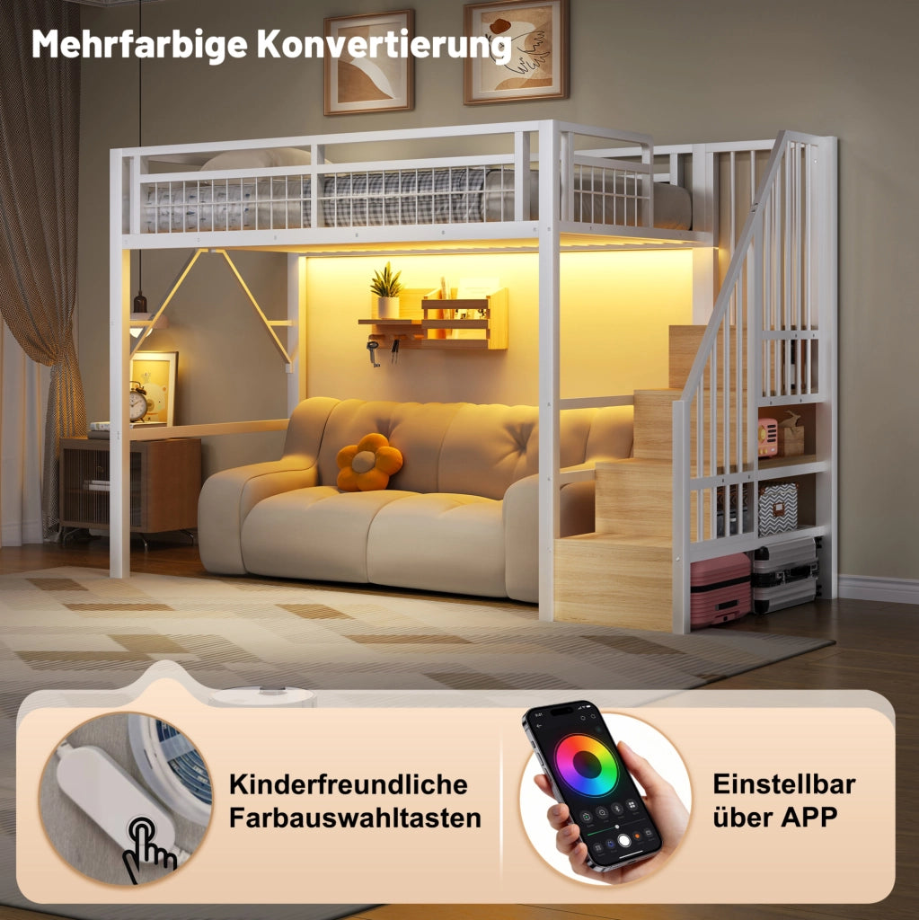 Letto a soppalco 90x200 cm con LED, scale contenitore, bianco