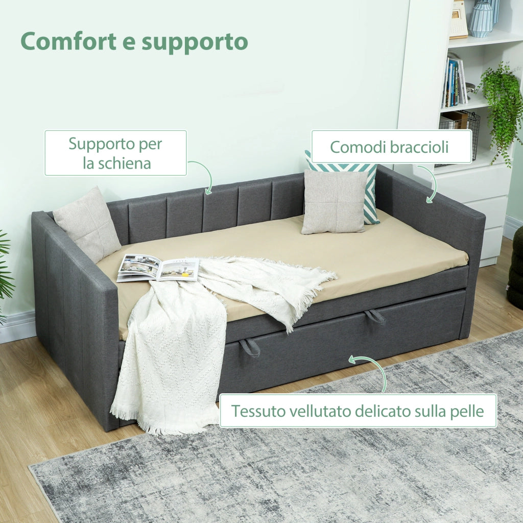Letto Singolo con Secondo Letto Estraibile 205x181x70 cm Rivestimento in Tessuto e Braccioli Grigio Scuro