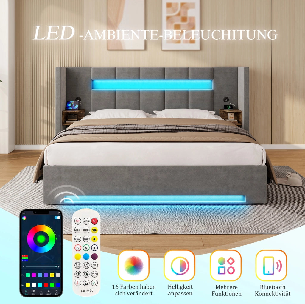 Letto matrimoniale 160x200 cm con contenitore idraulico; LED e USB in velluto grigio scuro