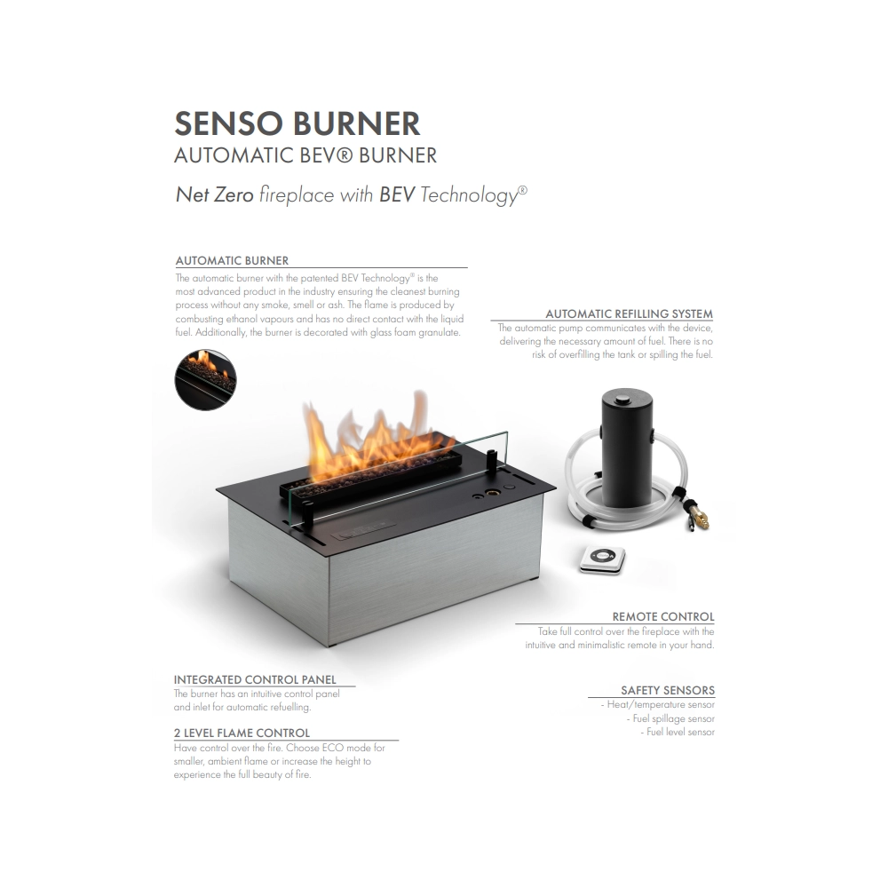 Planika - Bruciatore a Bioetanolo Senso Burner BEV Senza Canna Fumaria, Controllo Remoto, Fiamma Reale, Acciaio