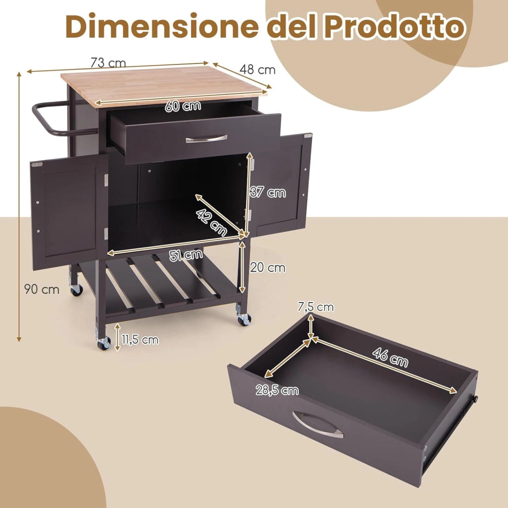Carrello da Cucina con Cassetto, Isola da Cucina con 2 Ante Vassoio Inferiore e Porta Asciugamani, Carrello con Ruote per Sala da Pranzo Soggiorno Bar, 73 x 48 x 90 cm (Marrone)