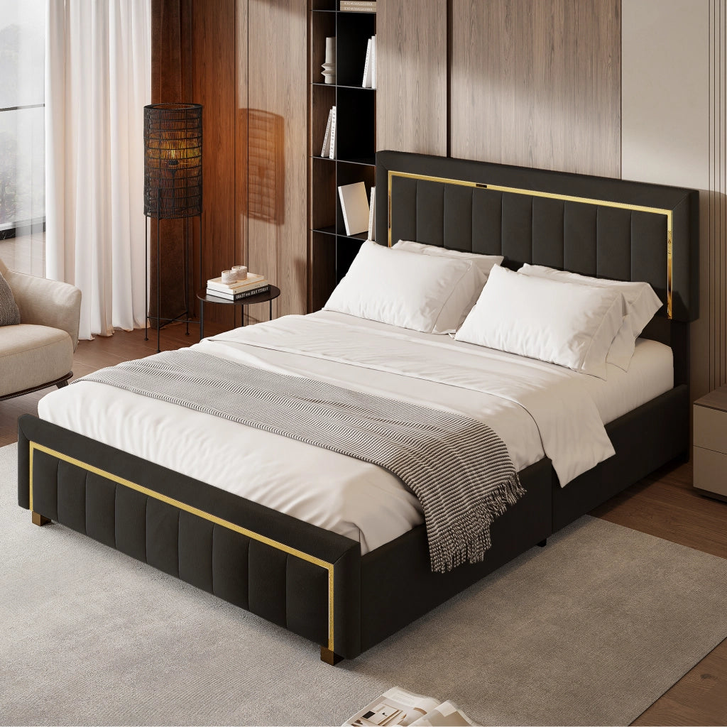 Letto matrimoniale con contenitore idraulico, velluto nero, testiera imbottita con finiture dorate, struttura robusta, dimensioni 160x200 cm, max portata 250 kg