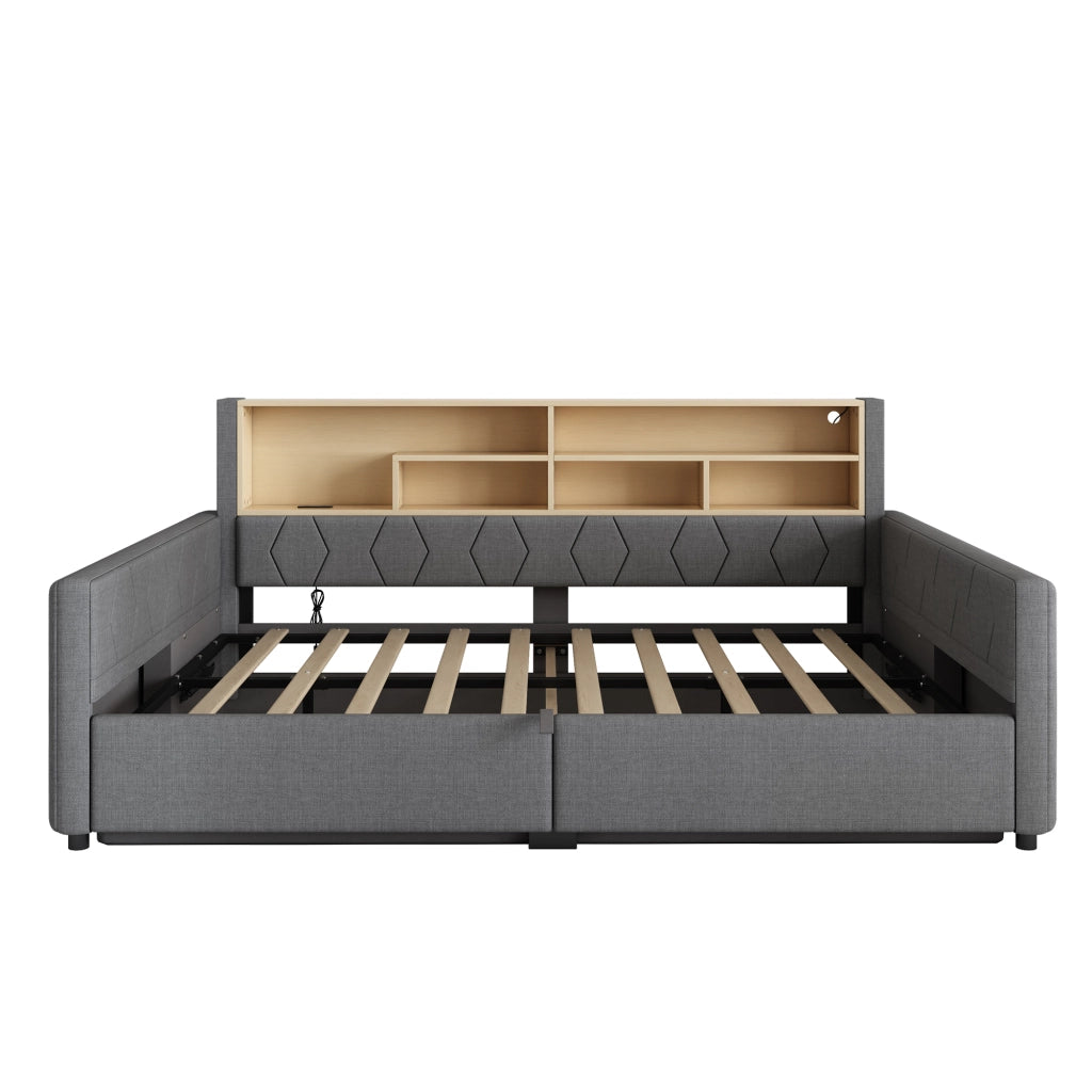 Letto contenitore 140x200 in lino grigio con luce LED regolabile