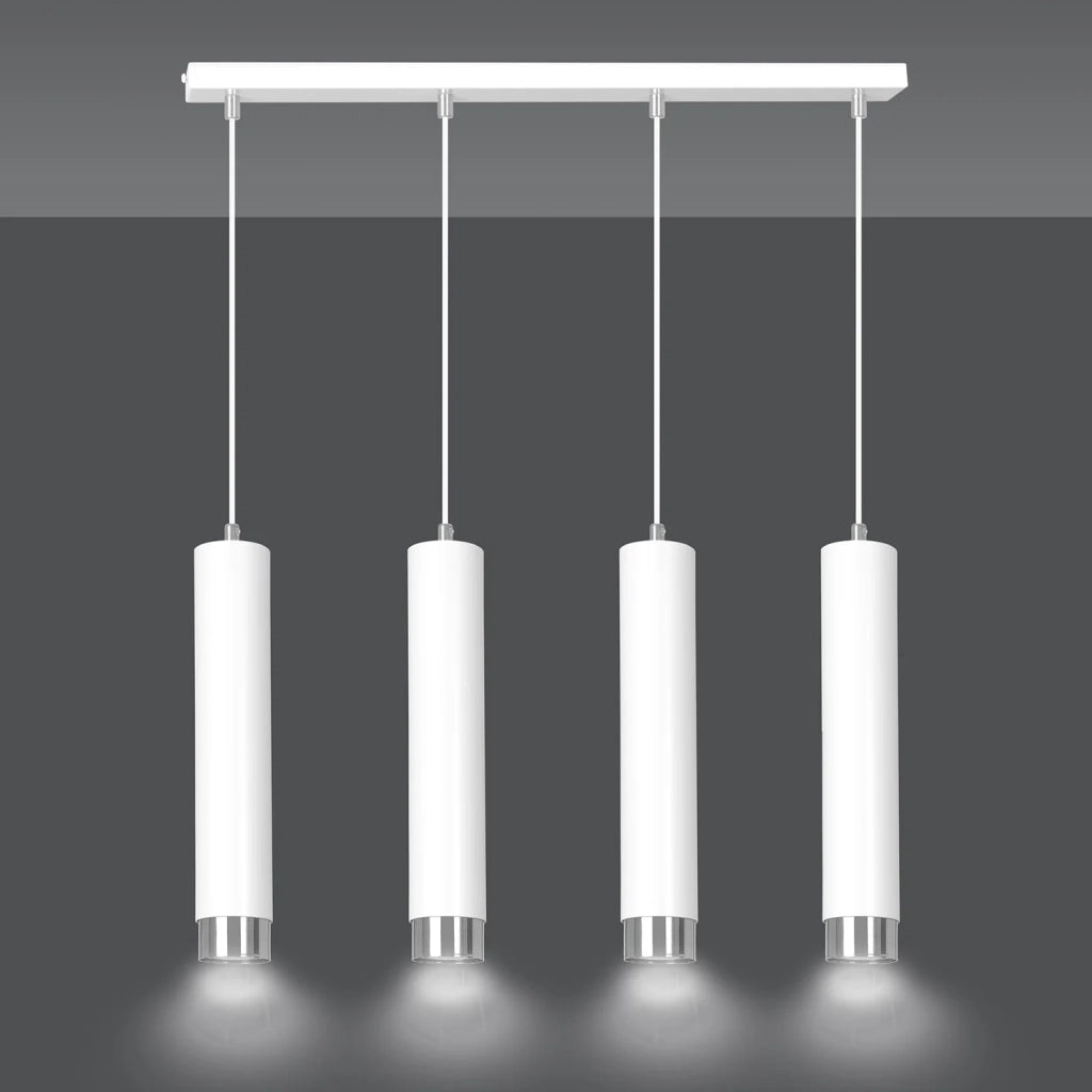 Lampadario 4 Luci Brunilde In Acciaio Bianco E Tubolari In Bianco E Cromo