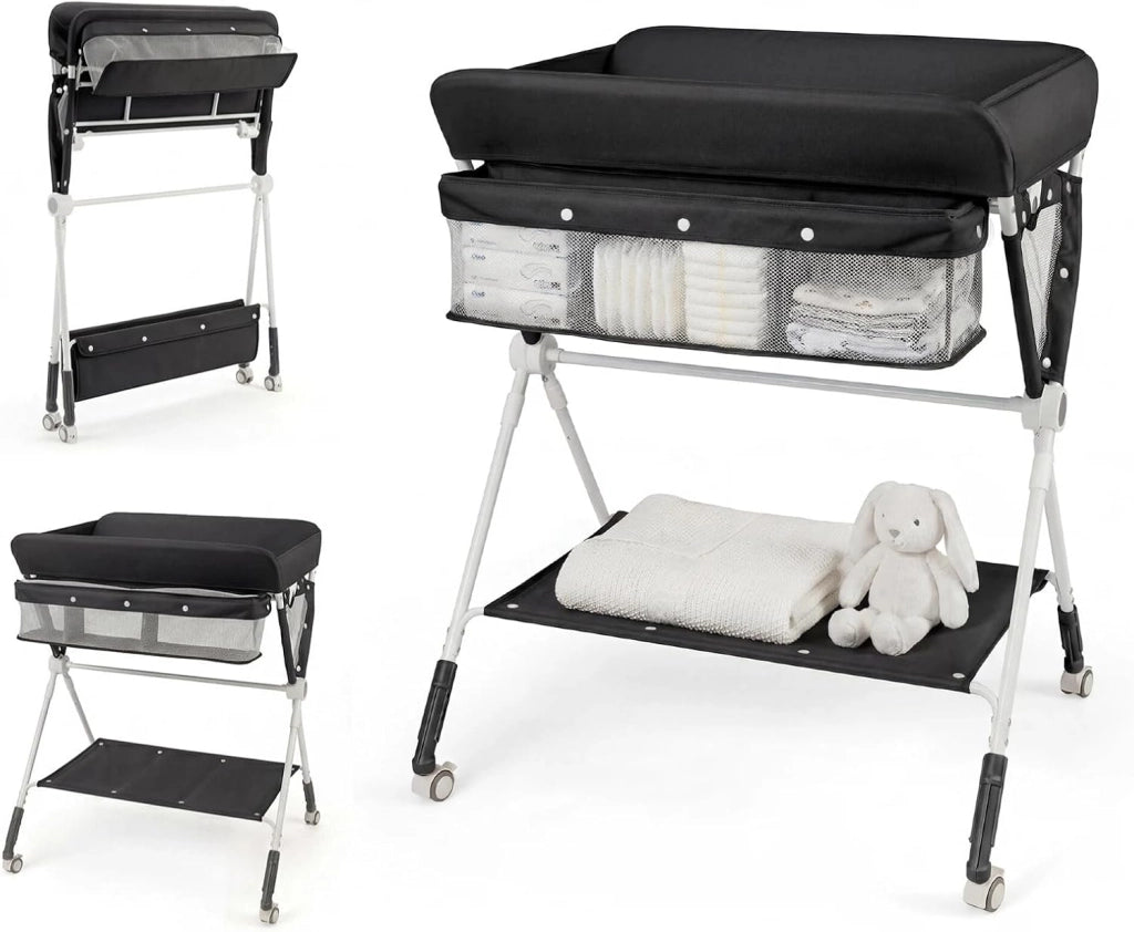 Fasciatoio Pieghevole per Bambini, Fasciatoio Portatile con Altezza Regolabile a 3 Livelli, Fasciatoio Neonato con Ruote di Bloccabili, Ripiano, Porta Asciugamani, per 0-12 Mesi (Grigio)
