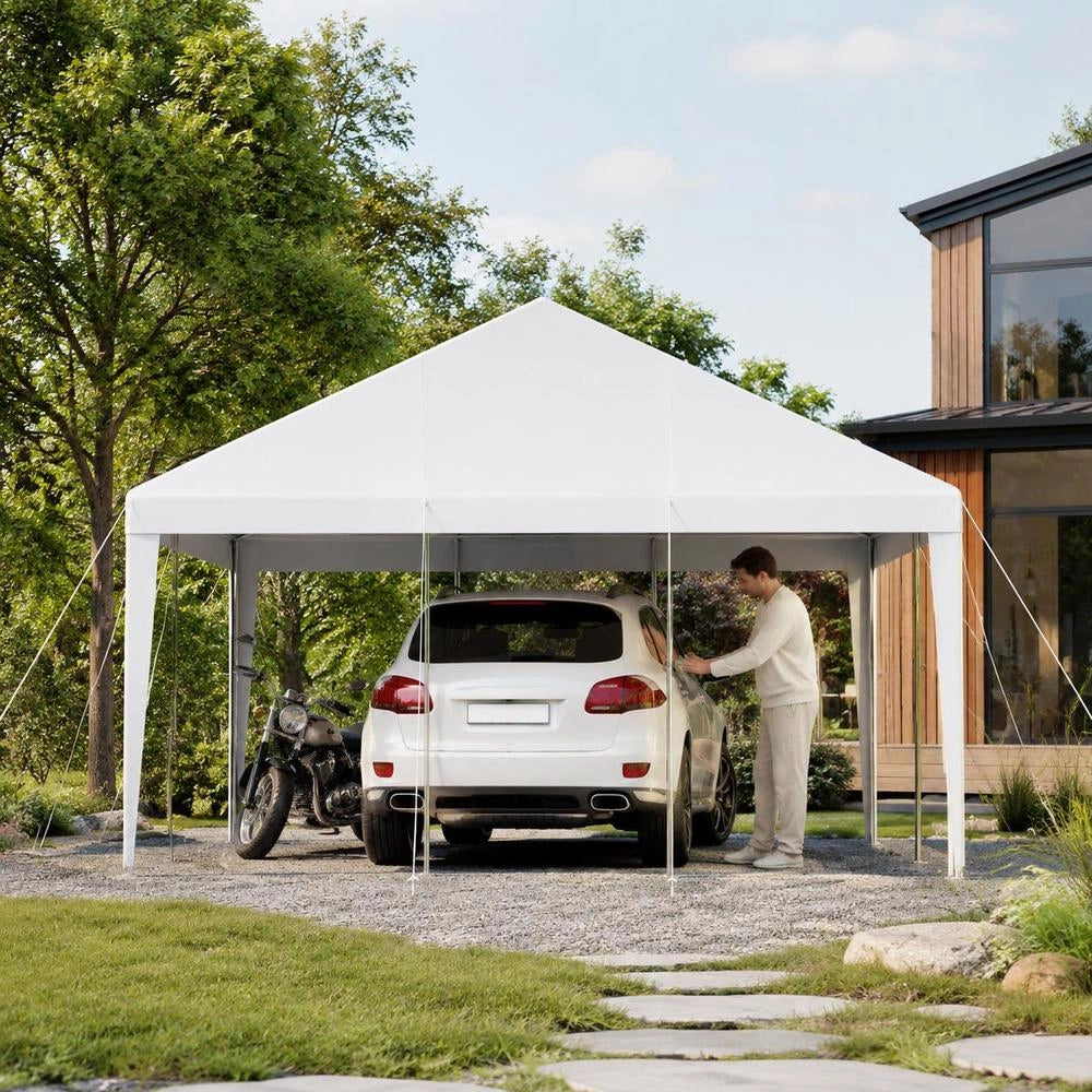 Carport, 3.05 X 6.09 X 2.87 M, Car Shelter, Tent Garage, Garage Tent, Galvanized Car Shelter, UV-resistant, Year-round Protection, Storage Shed For Car, Boat, Motorcycle, White