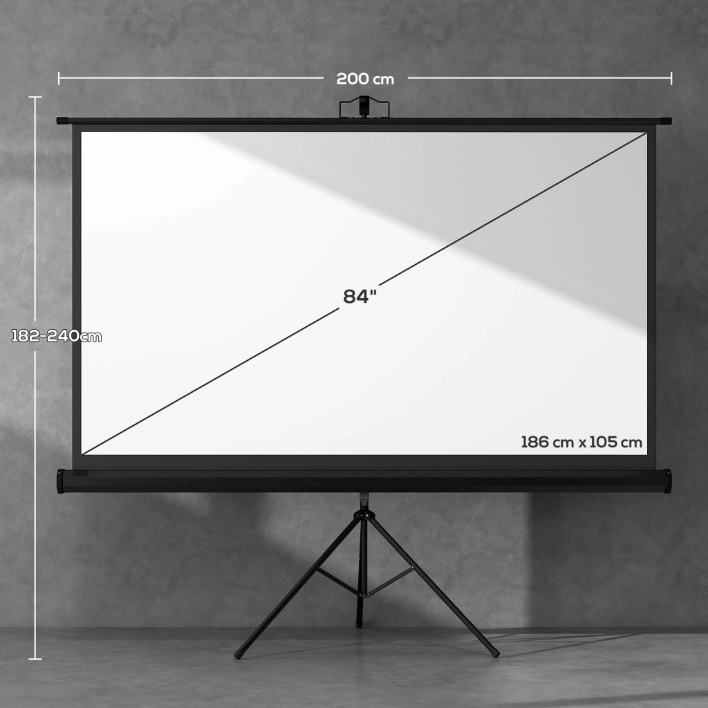 Telo Proiettore Pieghevole da 84" Formato 16:9 con Treppiede Regolabile. 200x8x118 cm. Nero