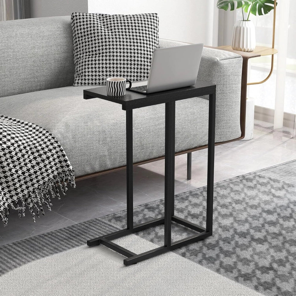 Tavolino a forma di C per divano e letto-Tavolino da soggiorno altezza 64cm con struttura in metallo Nero
