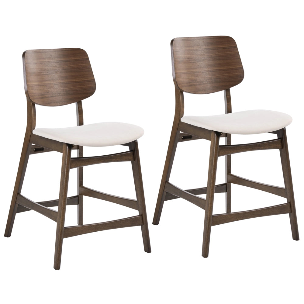 Set di 2 sedie da bar in bouclé di poliestere marrone e bianco sporco, con gambe in legno di gomma stile retrò tradizionale