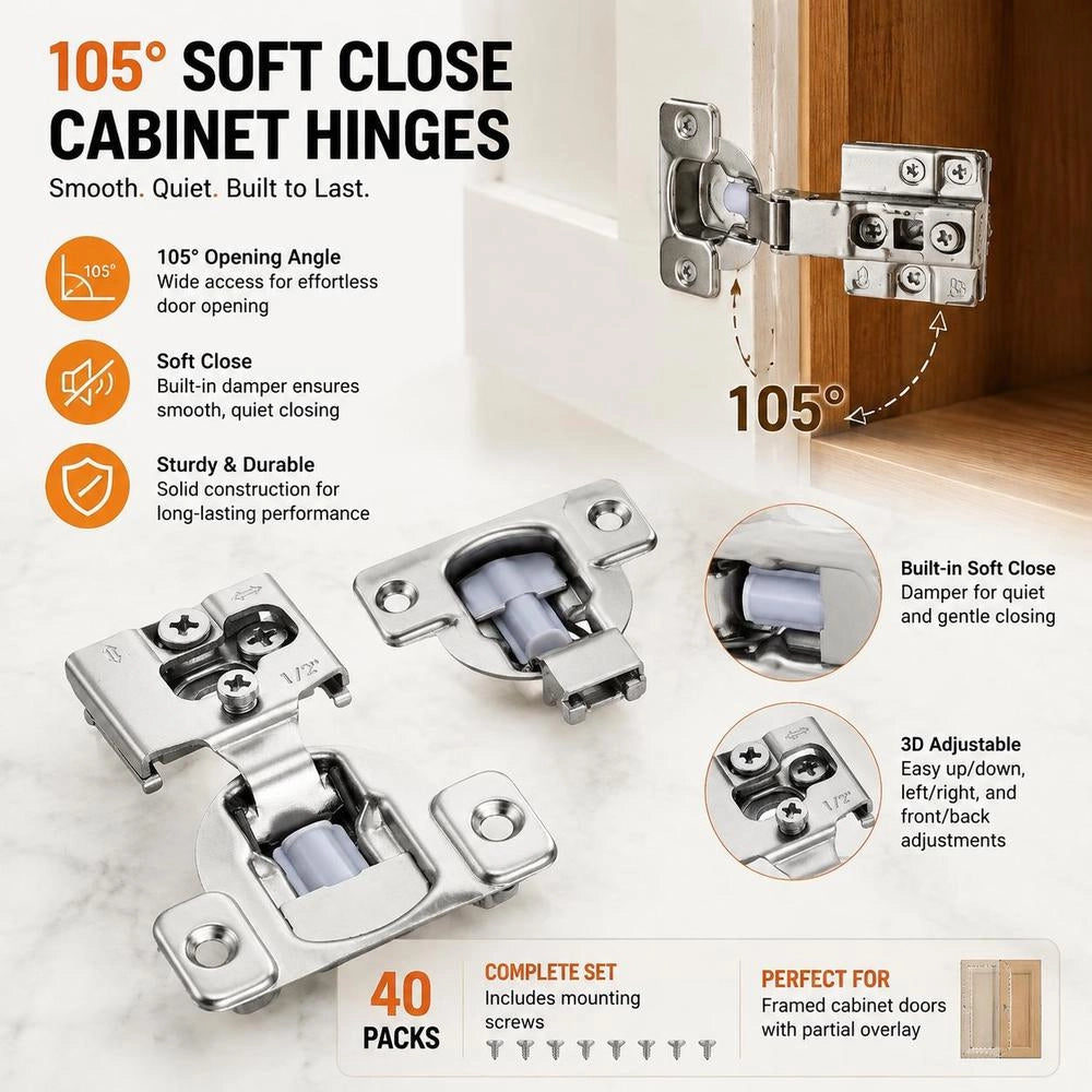 Cabinet Hinges, Set Of 40, Partially Surface-mounted Furniture Hinges, 105-degree Opening Angle, Soft-close, Hinges For Framed Cabinet Types, With Mounting Screws, 71 X 57 X 18 Mm