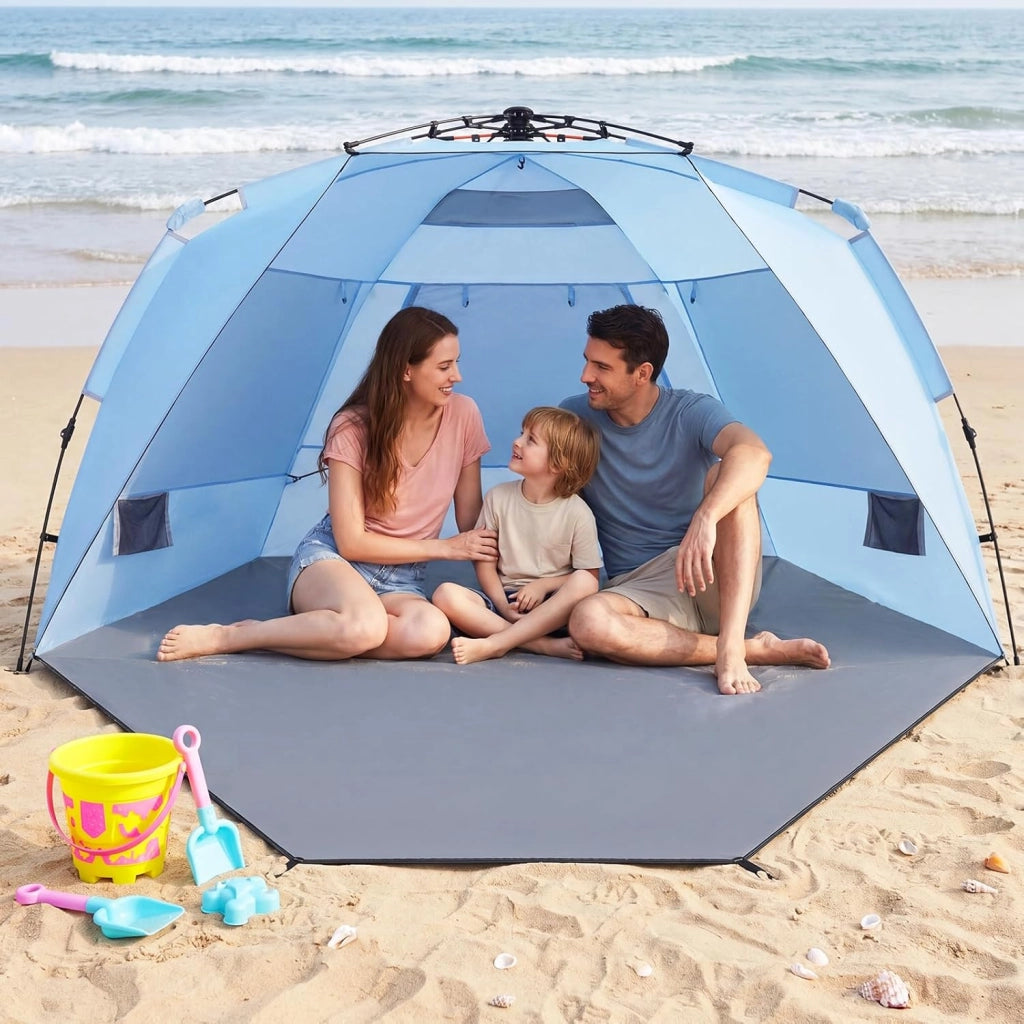 Tenda da Spiaggia Grande Adatta a 3-4 persone, Tenda da Campeggio Pop Up con 4 Finestre in Rete, Porta con Cerniera e Borsa da Trasporto, Protezione Solare, 278 x 139 x 160 cm