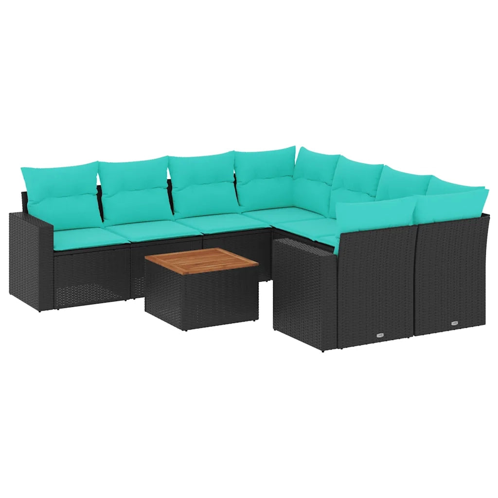 Set Divani da Giardino 9 pz con Cuscini Nero in Polyrattan
