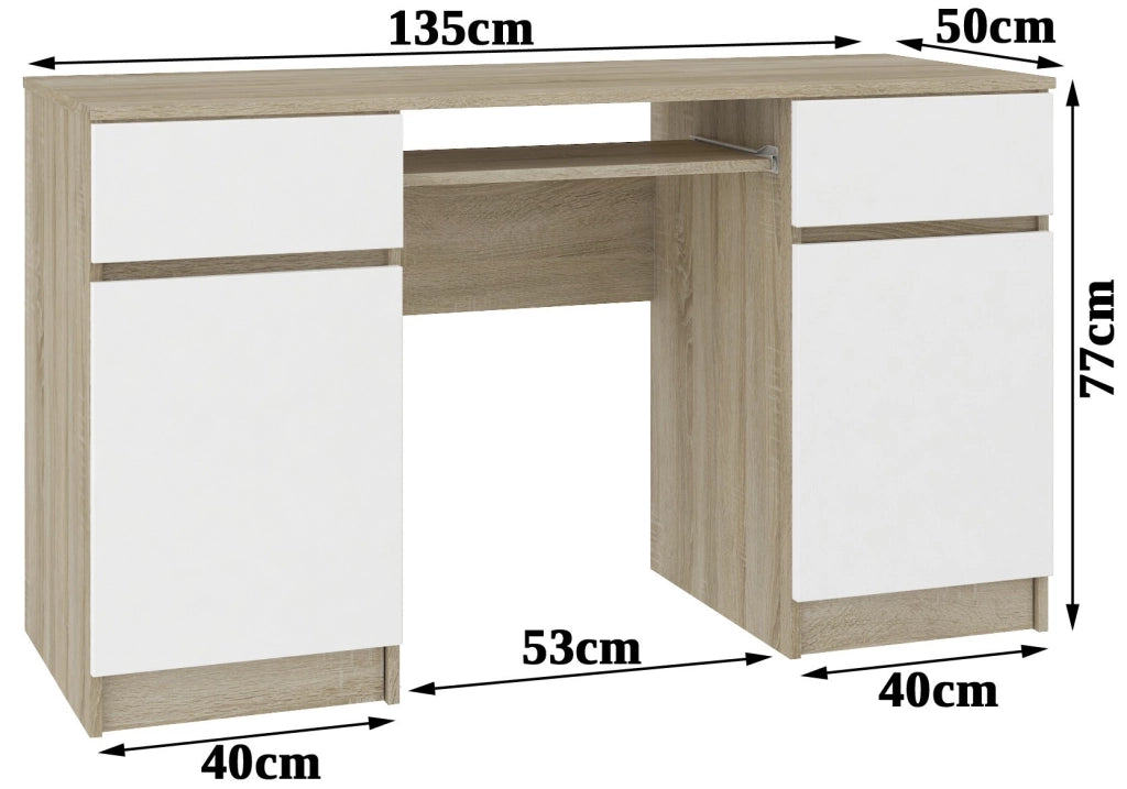 Scrivania per computer AKORD A5 Sonoma Quercia 135 cm 2 ante 2 cassetti inserto frontale Bianco 135x50x77 cm