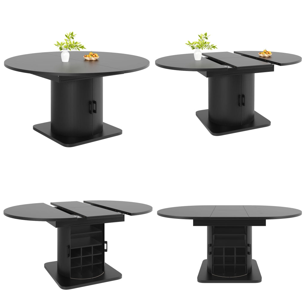 Tavolo da pranzo allungabile con contenitore, piano MDF nero, ripiani estraibili e portabicchieri