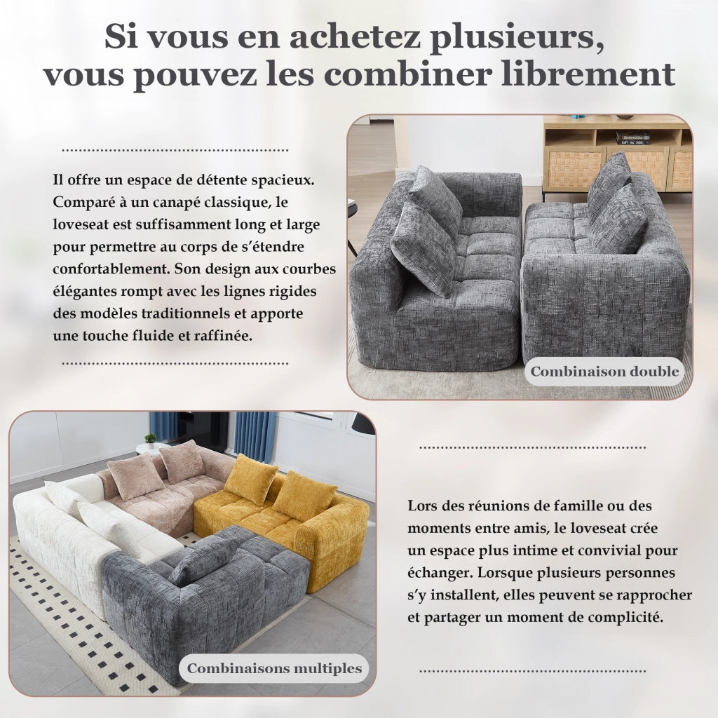Divano 2 Posti con Chaise Longue e Tasche Laterali; Cuscino Incluso; Comfort Morbido; in Ciniglia Grigio