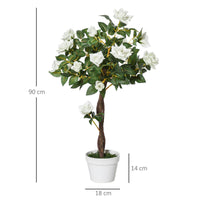 Alberello Camelia Artificiale con 21 Fiori H90 cm con Vaso Bianco e Verde