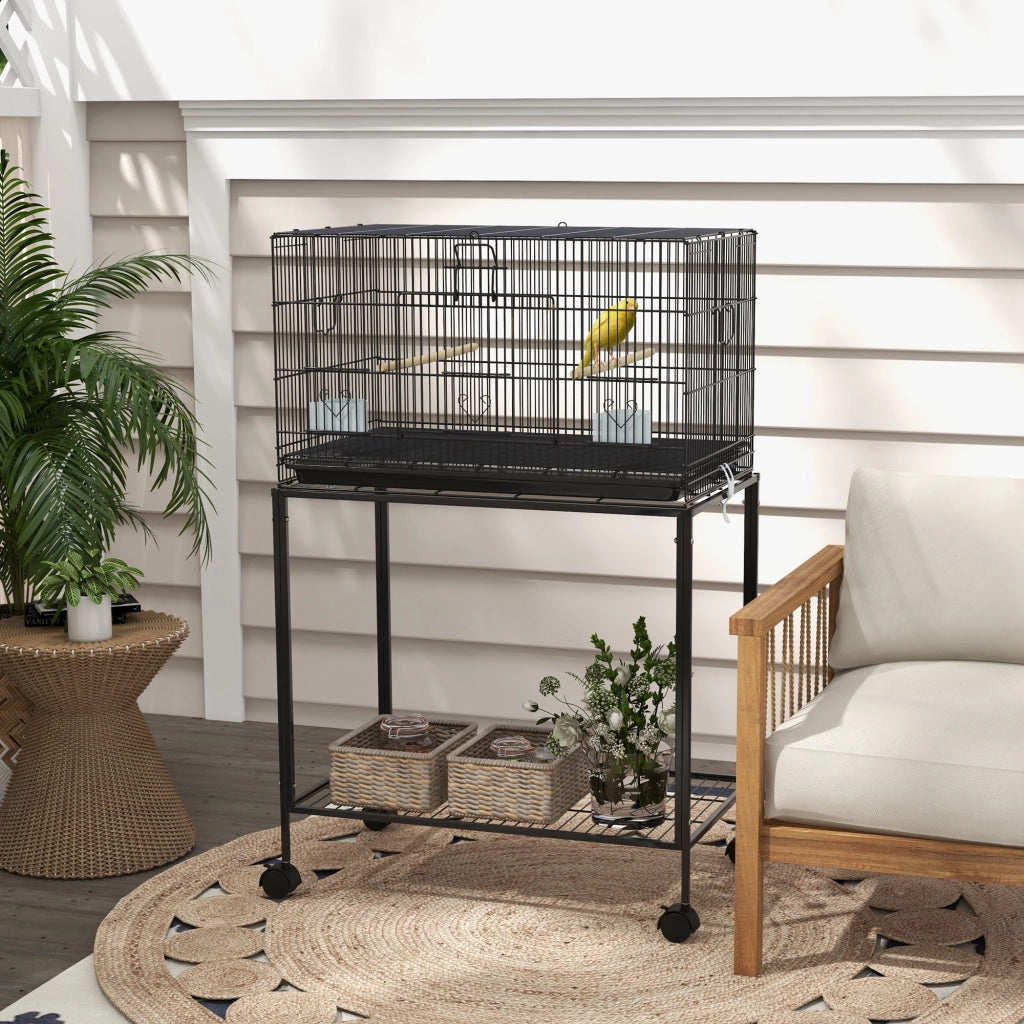 Gabbia per Uccelli con Ruote ¨C Xylo ¨C 77x46x119 cm, Metallo Nero, Vassoio Estraibile, 2 Posatoi