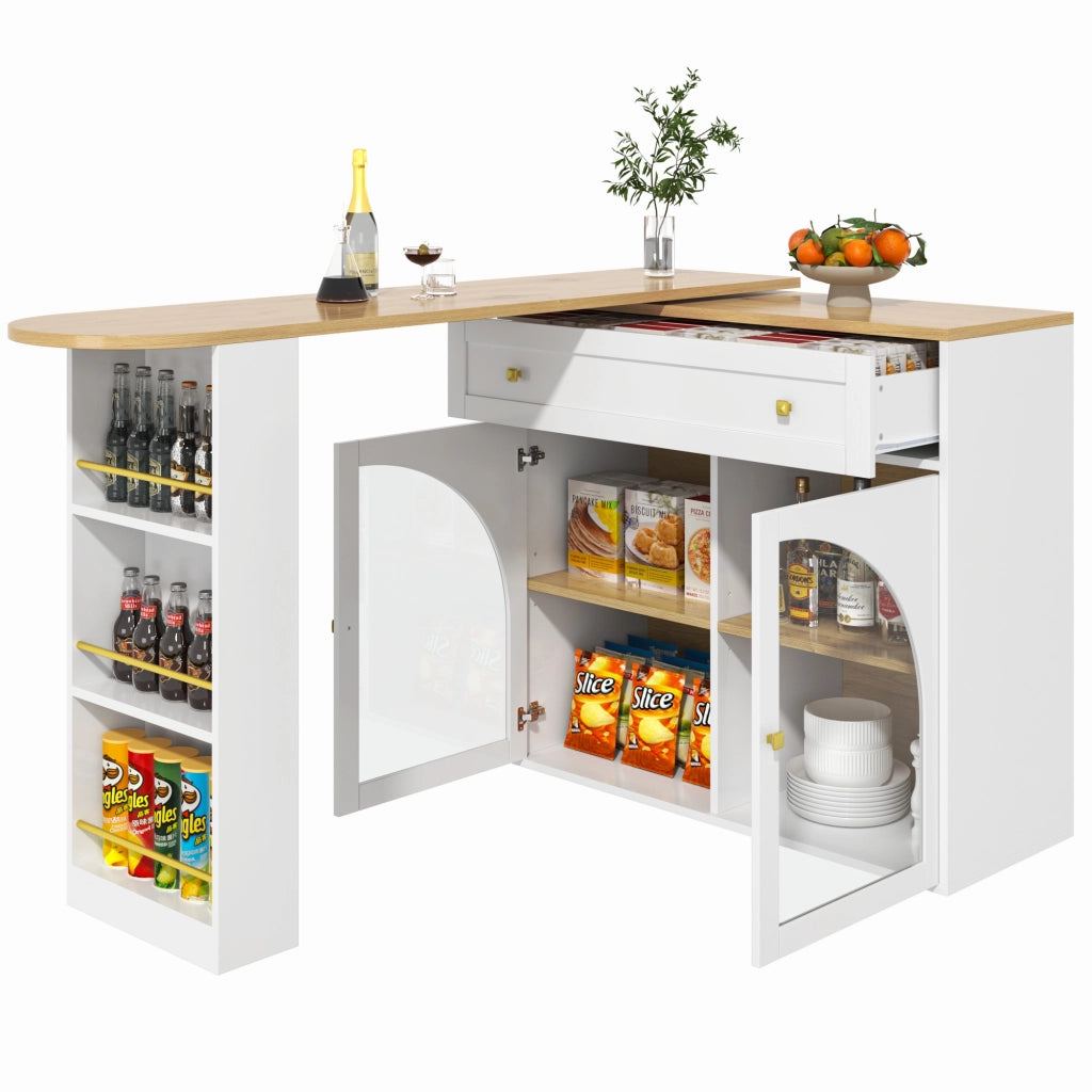 Tavolo da Pranzo con Scaffale a 3 Livelli; Ante in Vetro e Rotazione 360; in MDF; 138-204x39x104 cm; Bianco