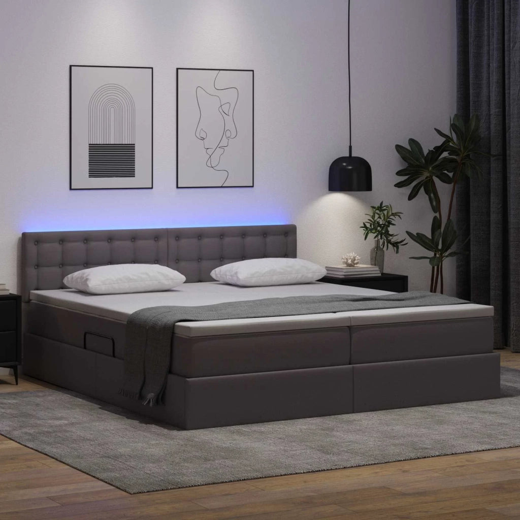 Letto con contenitore e LED Grigio 180 x 200 cm Pelle Sintetica