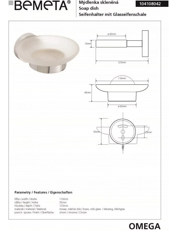 Portasapone da parete in vetro OMEGA 11x5,5x12,5cm