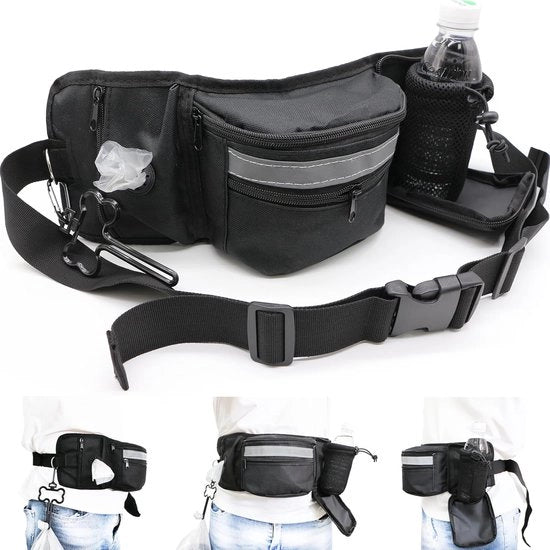 Heuptas per animali da allenamento, sacchetto per cani da allenamento e passeggiate, con dispenser di sacchetti e contenitore per bottiglie, sacchetto per cani regolabile per allenamento e passeggiate, grandi dimensioni - nero