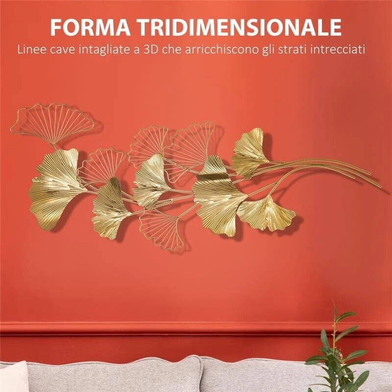 DECORAZIONE MURALE 3D IN METALLO WALL ART DORATA CON FOGLIE DI GINKGO 138X70CM