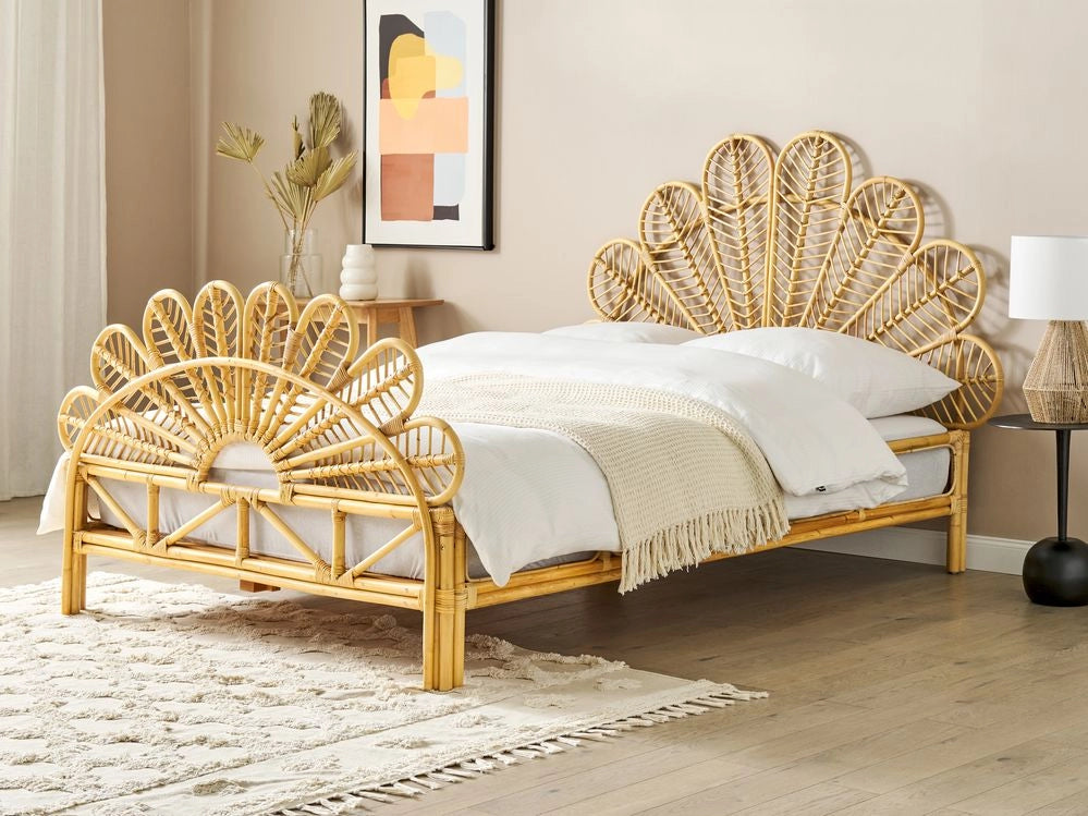 Letto matrimoniale in rattan con rete in legno chiaro  e pannello intrecciato 140 x 200 cm camera da letto stile boho
