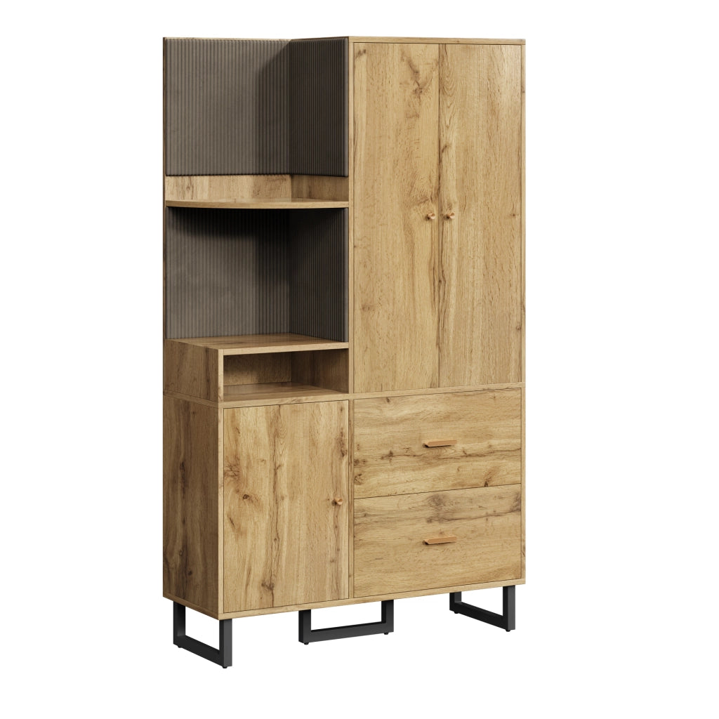 Armadio da ingresso con appendiabiti, ripiani aperti, 2 cassetti e anta con pannelli imbottiti, in MDF nero e naturale