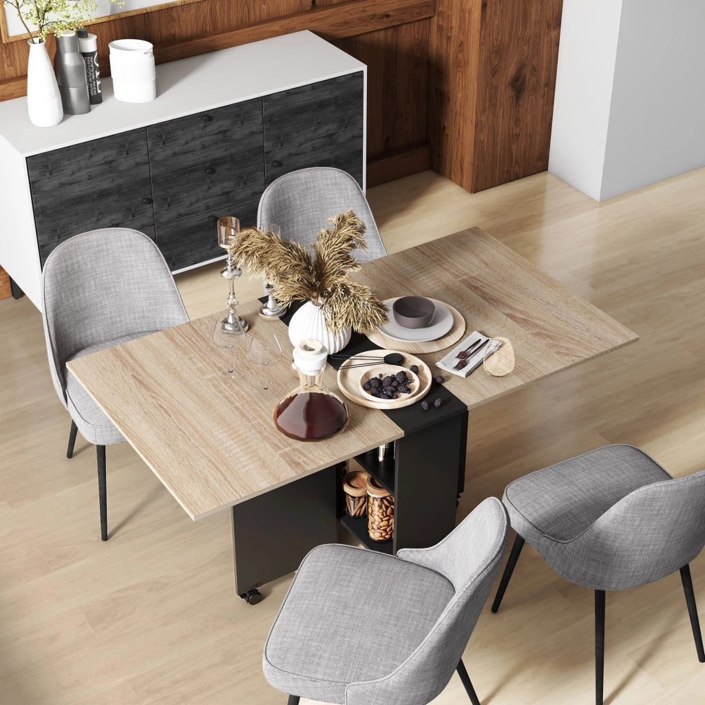 Tavolo Pieghevole Salvaspazio 140x75x74 cm con Ruote e Ripiani Rovere e Nero