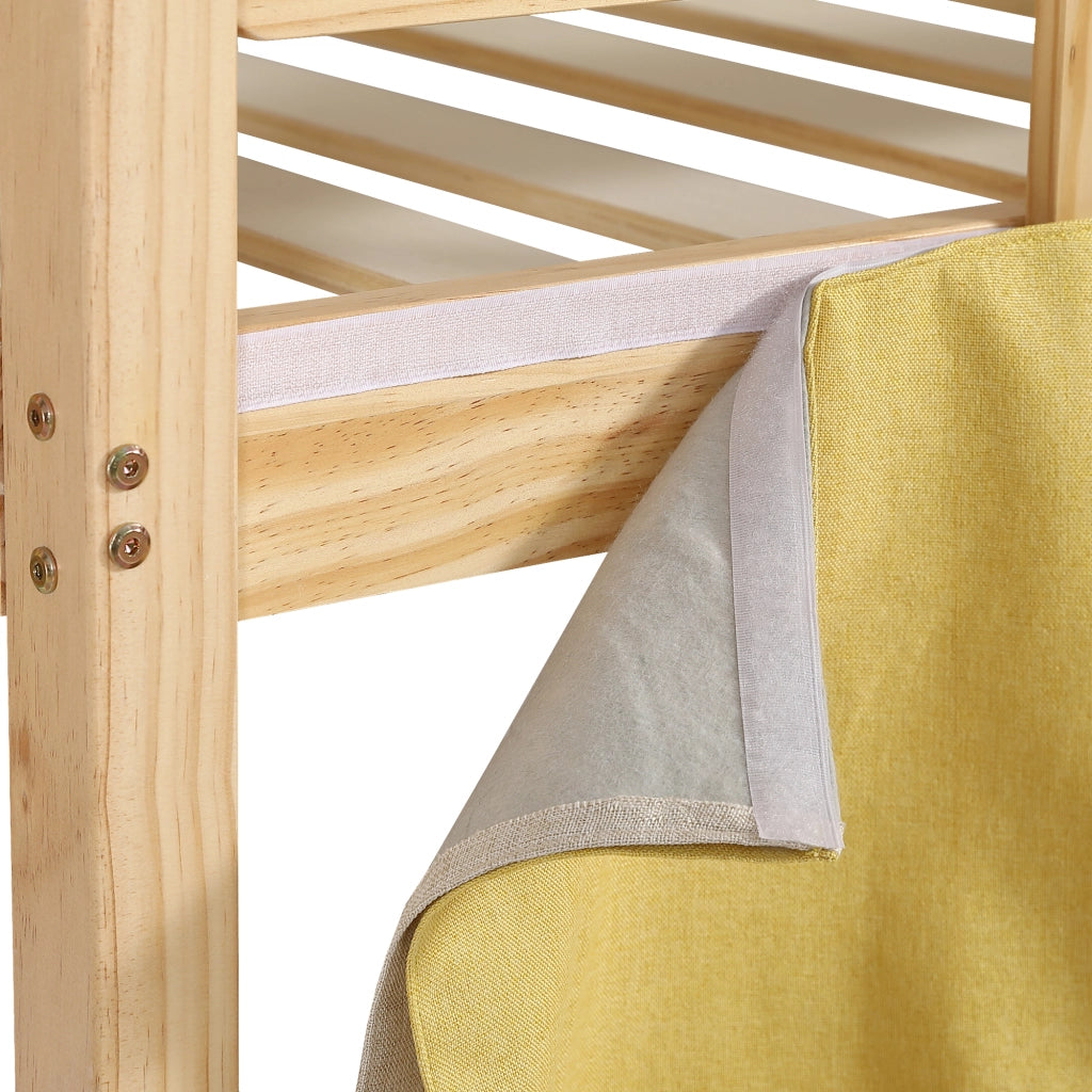 Letto a Castello 90x200 cm; 2 Posti; Scala; Sponde; Rampa e Tende; in Legno Naturale