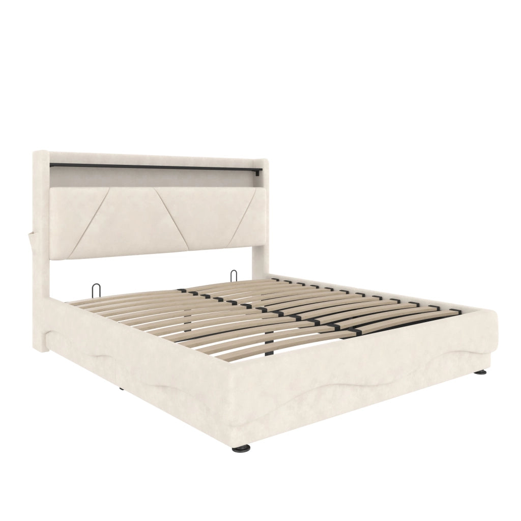 Letto imbottito 140x200 cm beige con LED, USB-C e contenitore
